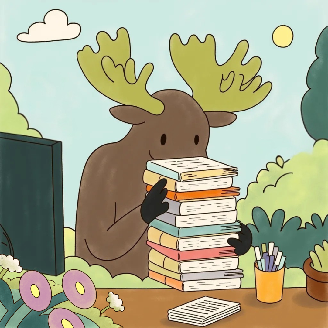 Illustration for DataHaven: a moose reading behind a tall stack of books at a desk