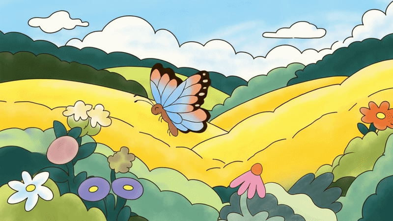 Animated illustration for DataHaven: a blue butterfly flying over rolling yellow and green hills