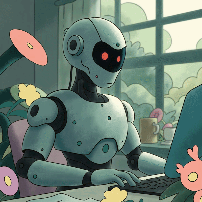 Animated illustration for DataHaven: a robot typing at a computer by a window with flowers