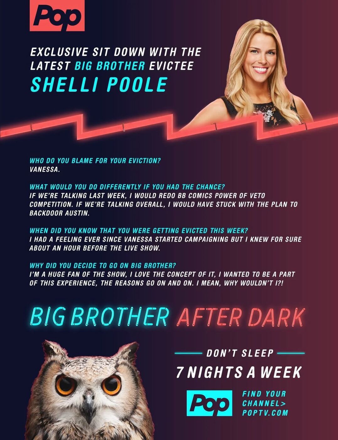 Big Brother After Dark Q&A graphic with evicted houseguest Shelli Poole, Pop TV owl and 7 Nights a Week tagline