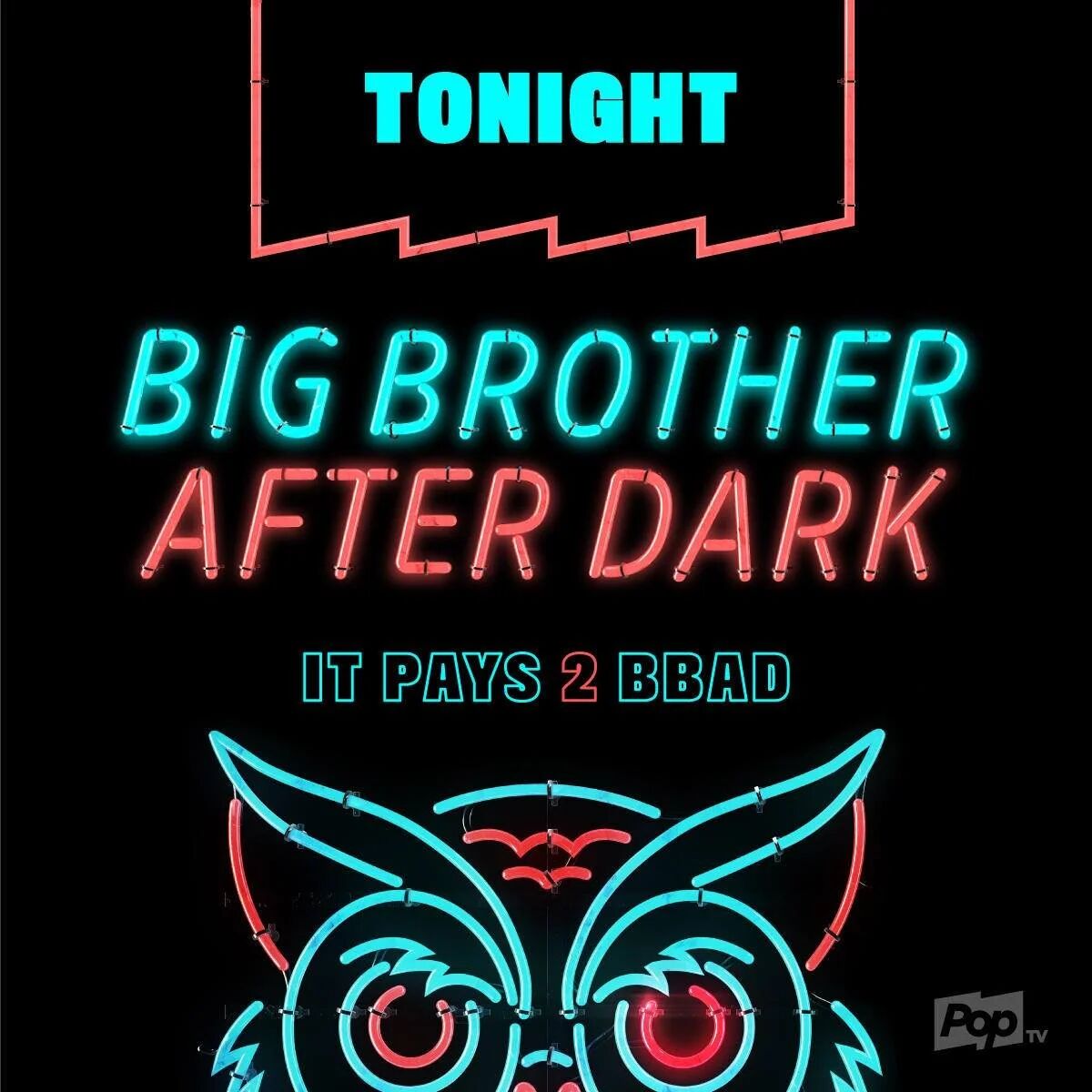 Tonight: Big Brother After Dark. It pays 2 BBAD. Neon owl graphic