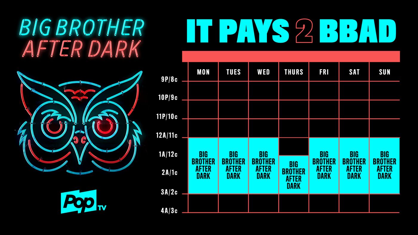 It pays 2 BBAD weekly schedule graphic with the neon owl and Pop TV logo