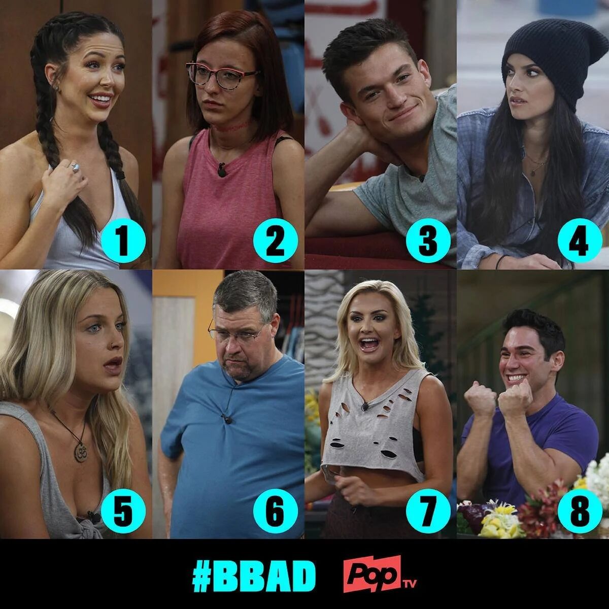 Numbered grid of eight Big Brother houseguests for a #BBAD fan poll