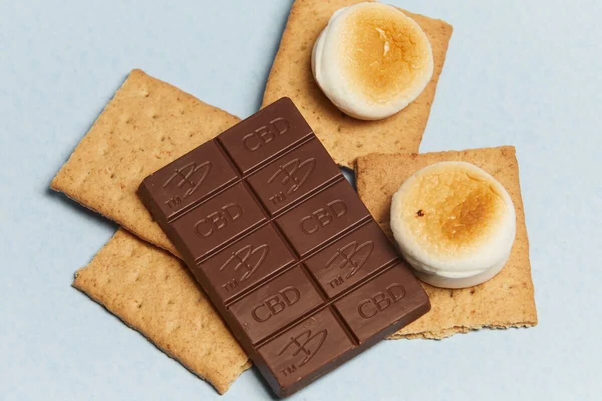 Bhang CBD chocolate bar on graham crackers with toasted marshmallows