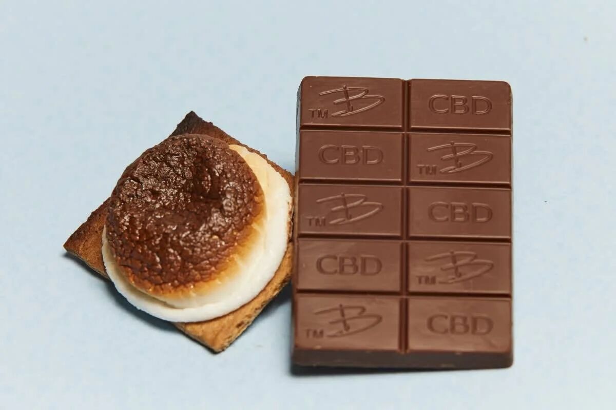 Bhang CBD milk chocolate bar beside a s'more