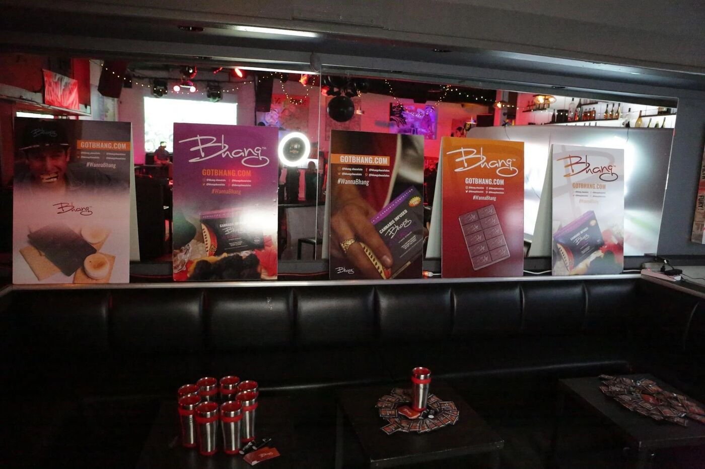 Bhang event lounge with branded product displays