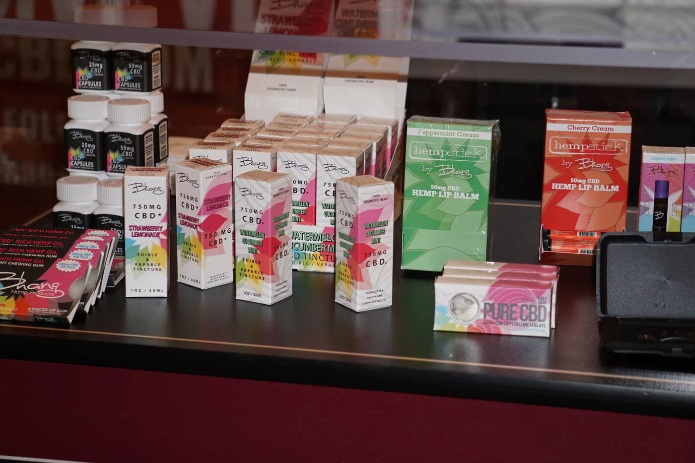 Bhang CBD product boxes displayed on a counter