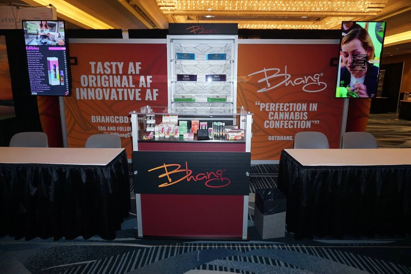 Bhang trade-show booth: Tasty AF, Original AF, Innovative AF