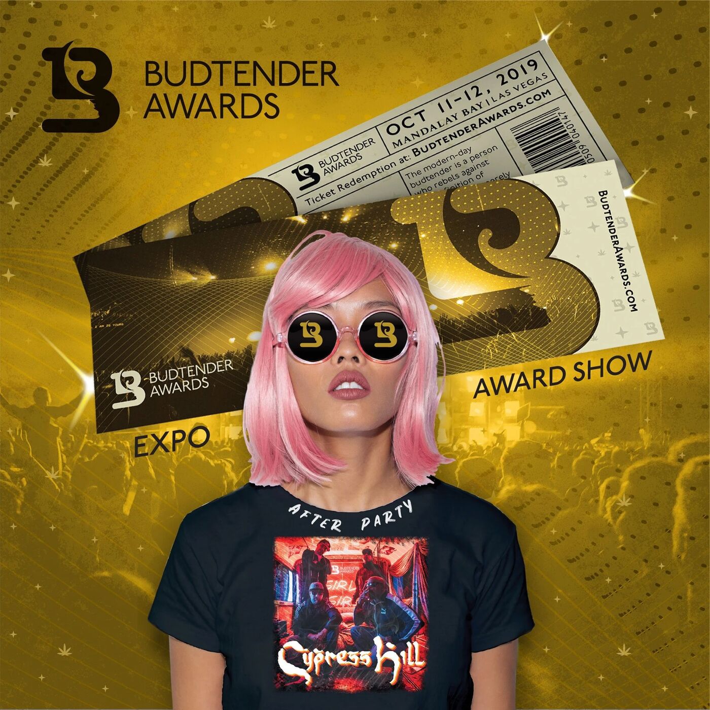 Budtender Awards Expo and Award Show tickets, October 11 to 12, 2019, with a model in a Cypress Hill after-party tee