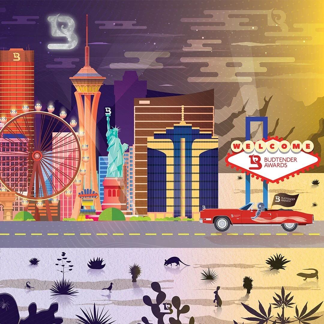 Illustrated Las Vegas skyline with a Welcome to Budtender Awards sign