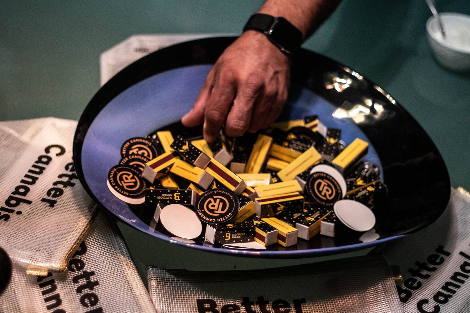 Budtender Awards matchboxes in a giveaway bowl