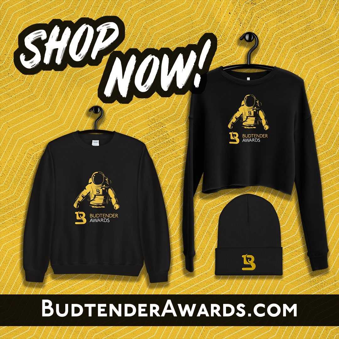Budtender Awards shop graphic with astronaut crewneck, cropped sweatshirt, and beanie