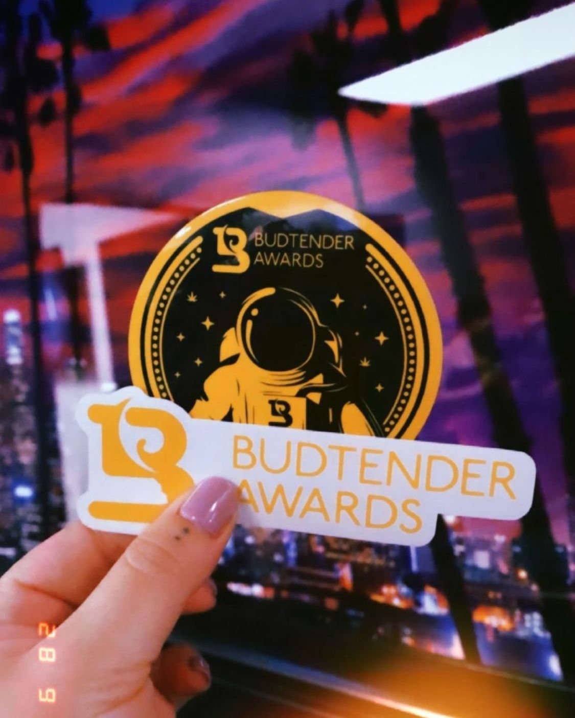 Budtender Awards sticker and astronaut button