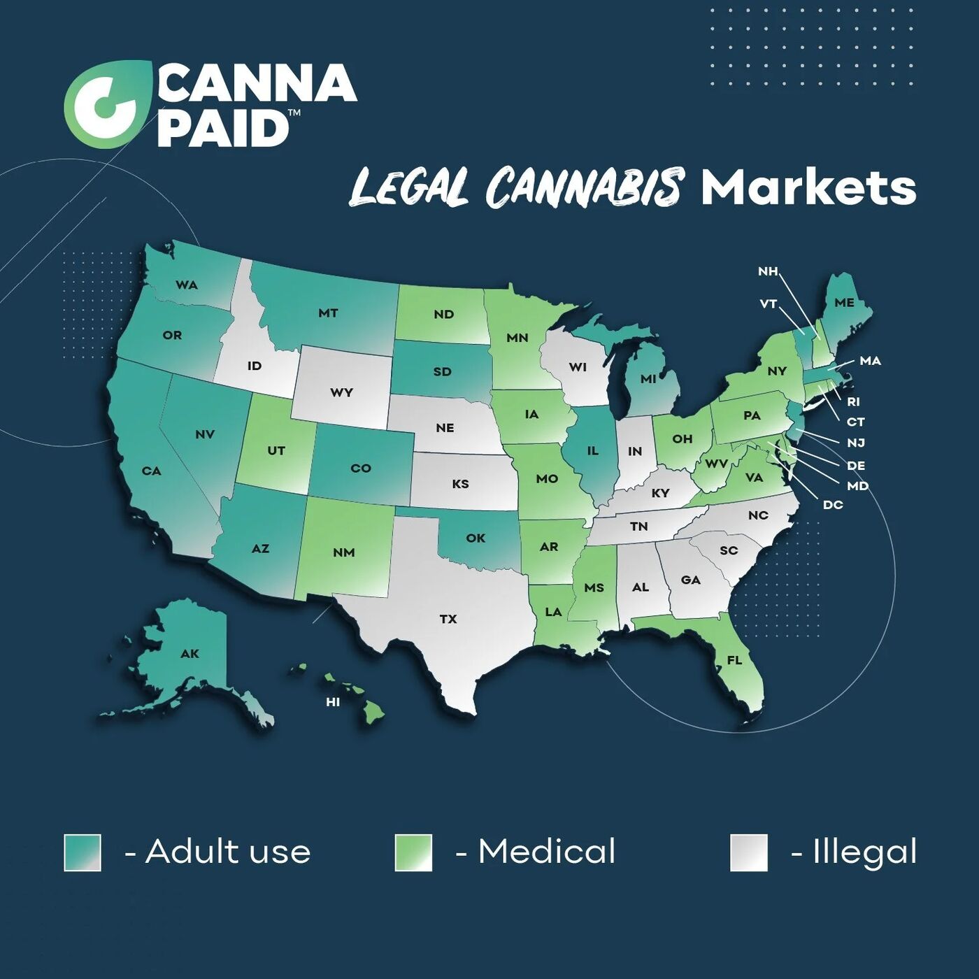 CannaPaid map of legal cannabis markets in the U.S.: adult use, medical and illegal states