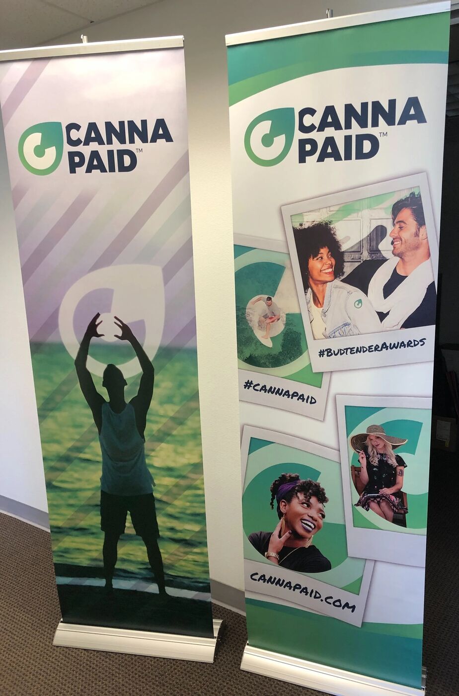 CannaPaid pop-up banners featuring photos of budtenders