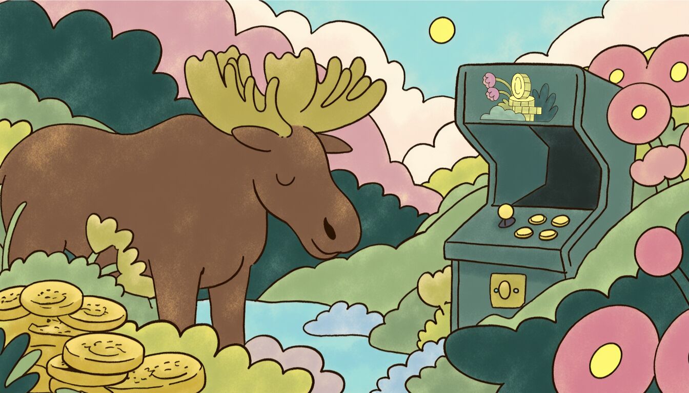 Illustration for DataHaven: a moose next to an arcade machine and piles of gold coins