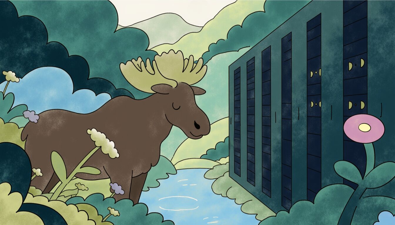 Illustration for DataHaven: a moose by a stream looking at server towers