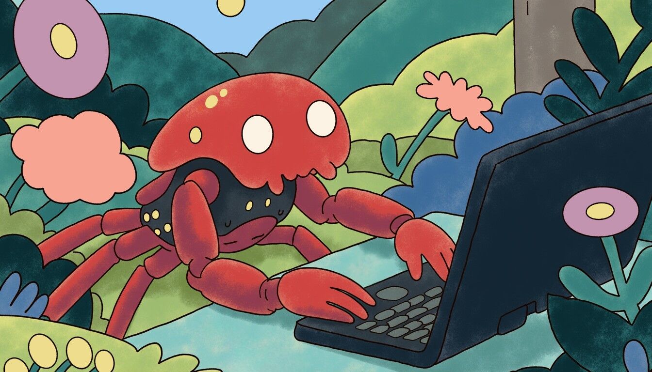 Illustration for DataHaven: a red crab robot typing on a laptop among flowers