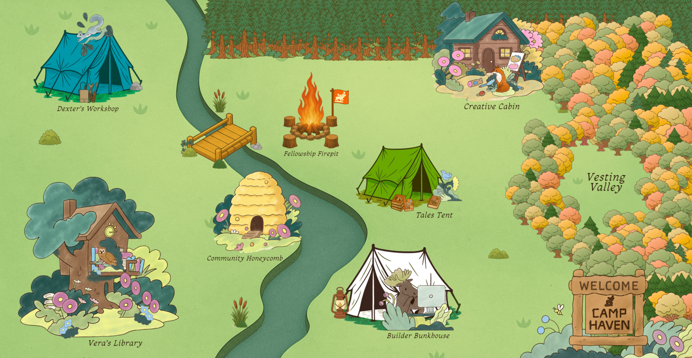 Illustrated DataHaven community map with campsites, a library and a Welcome to Camp Haven sign