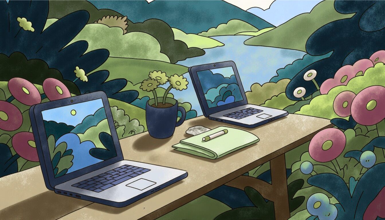 Illustration for DataHaven: two laptops on a wooden table in a flowering valley