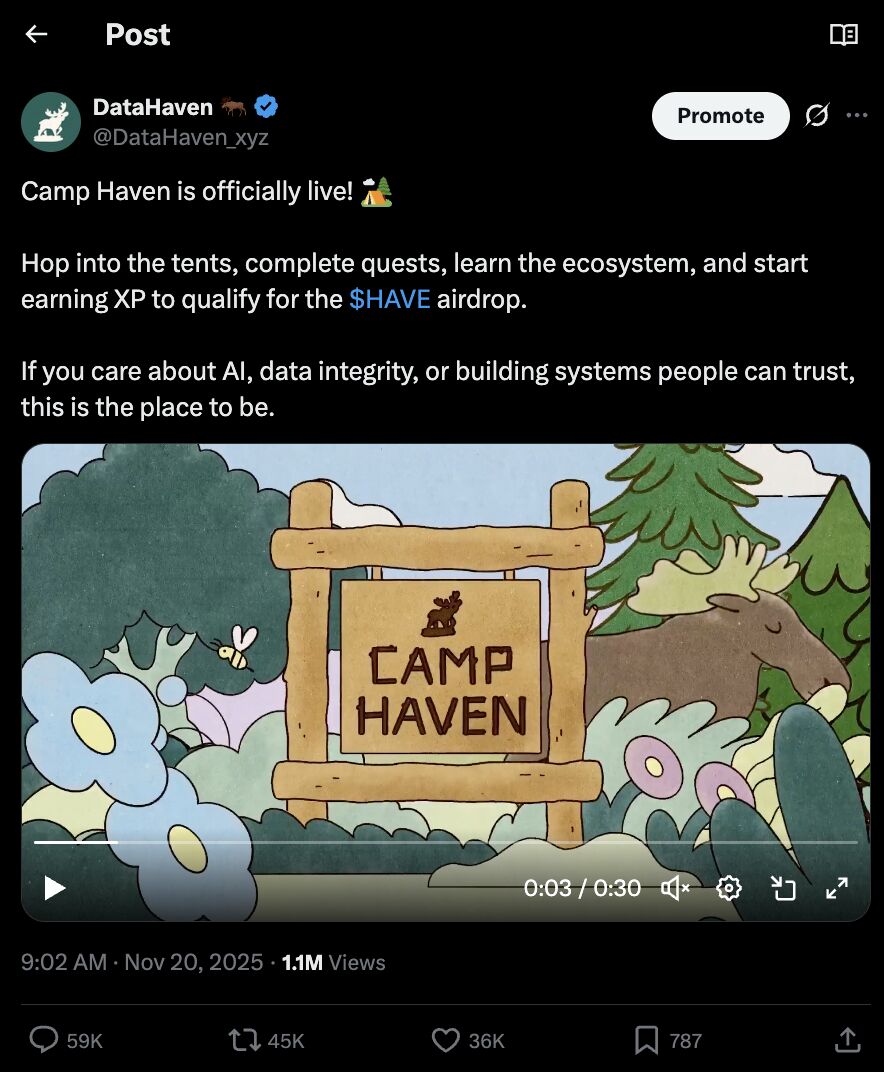DataHaven post on X announcing Camp Haven is officially live, with the Camp Haven sign video