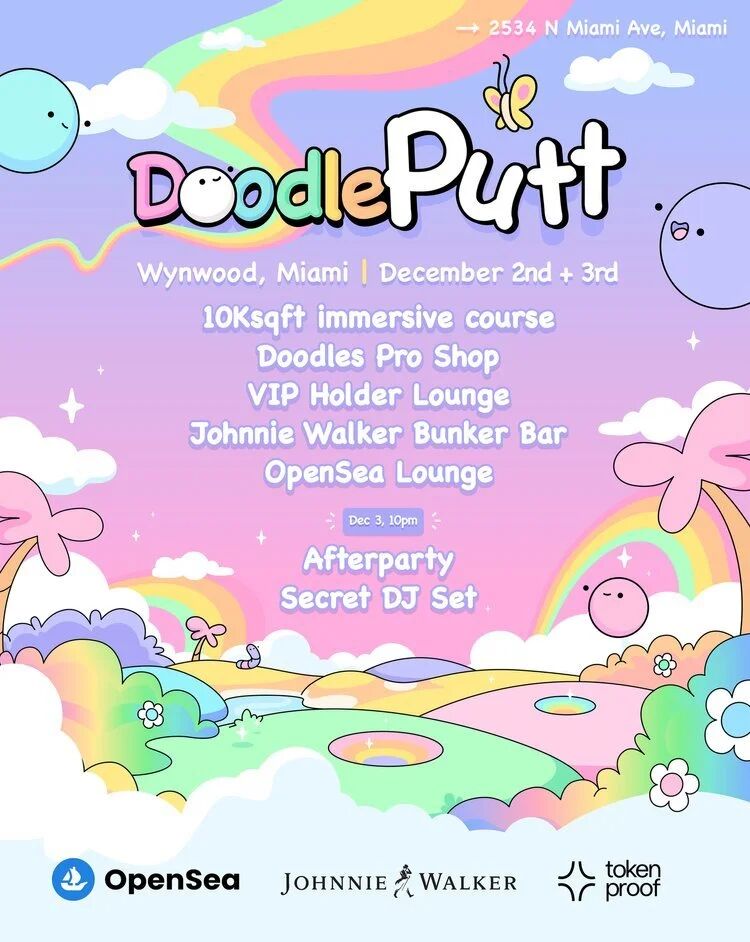 DoodlePutt event flyer: Wynwood, Miami, December 2nd and 3rd, immersive course, VIP lounge, OpenSea Lounge and afterparty