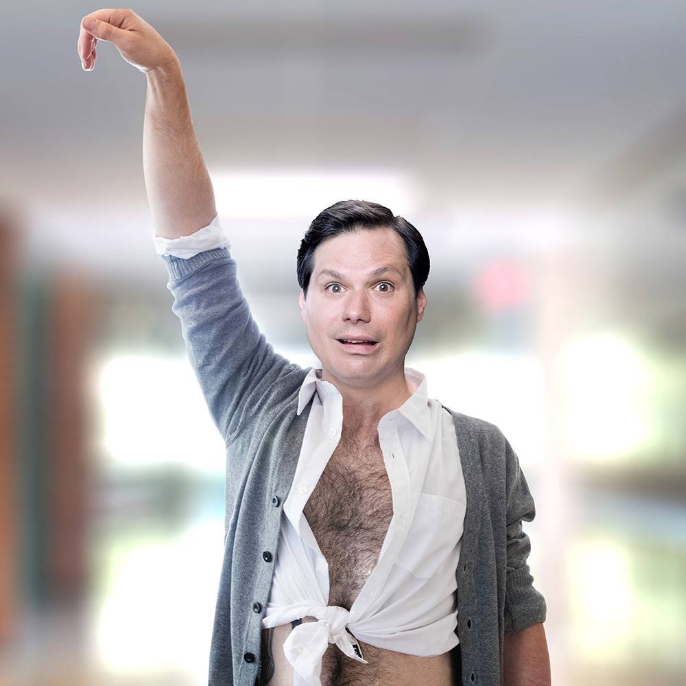 Michael Ian Black with a tied-up shirt and cardigan, Saved by the Bell parody