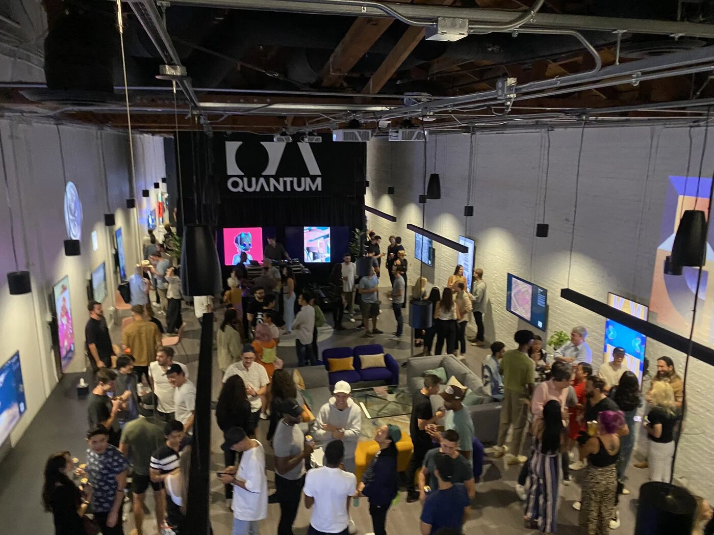 Overhead view of the packed Quantum gallery at Friends of OpenSea