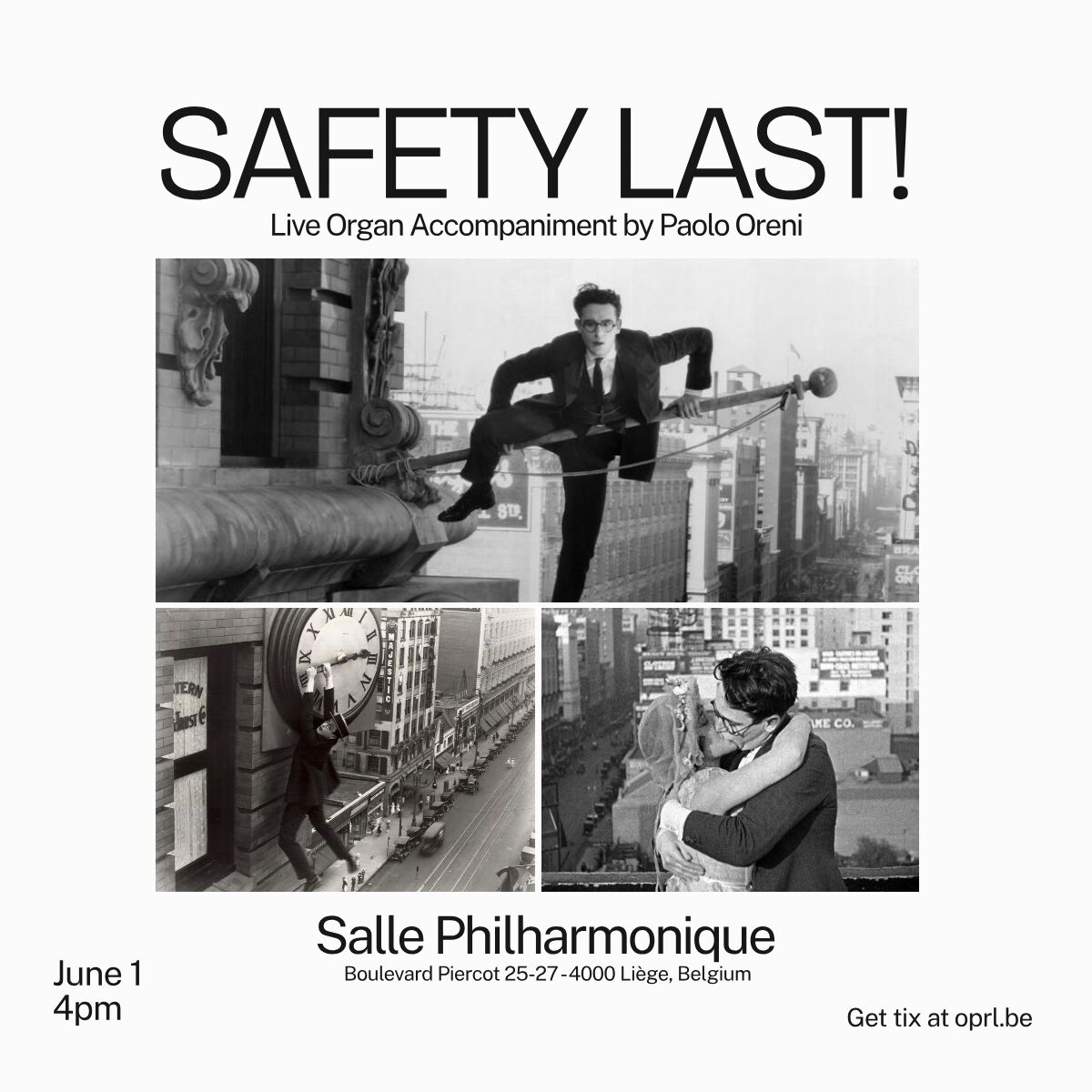 Safety Last! with live organ accompaniment by Paolo Oreni, Salle Philharmonique, Liège, June 1 at 4pm