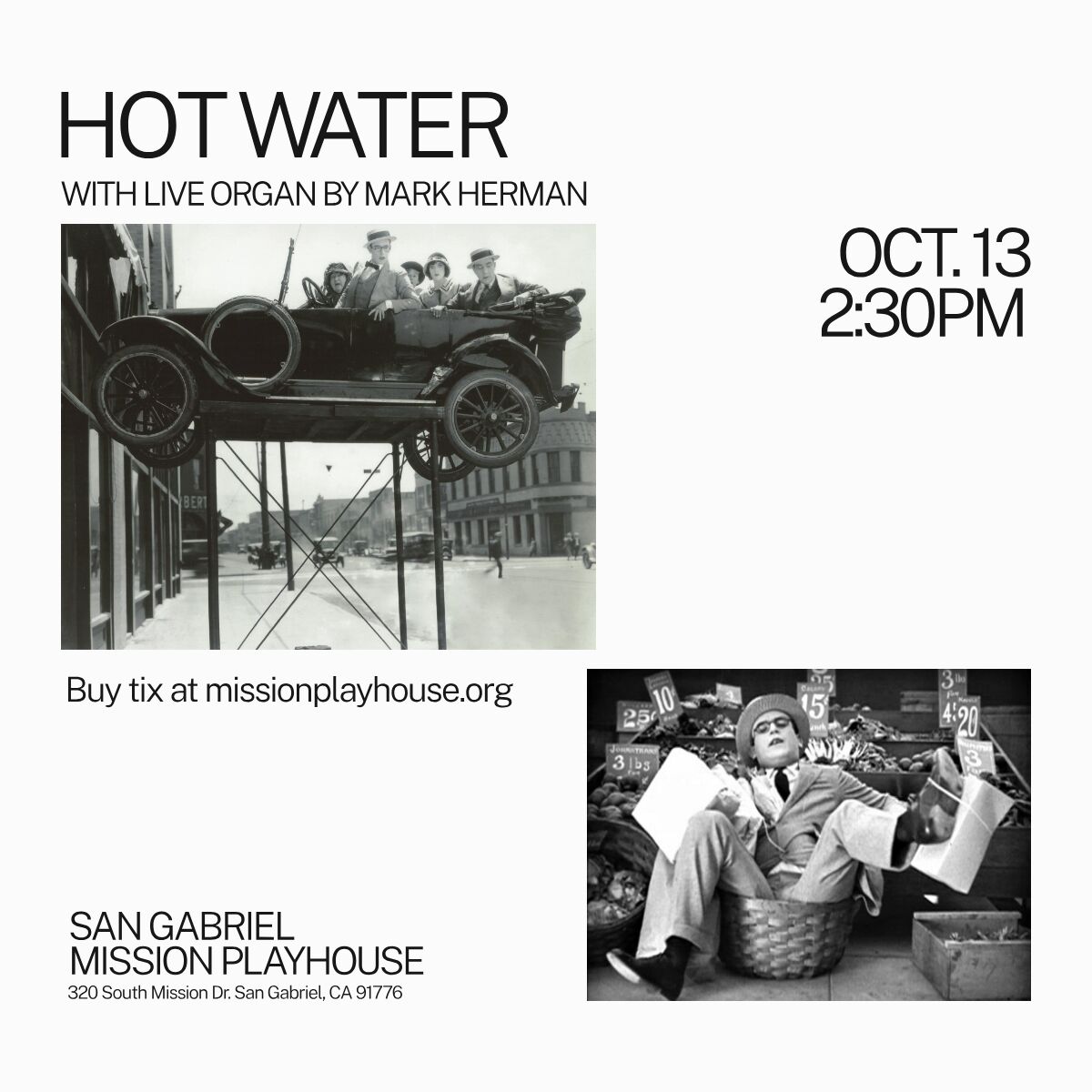 Hot Water with live organ by Mark Herman, San Gabriel Mission Playhouse, October 13 at 2:30pm