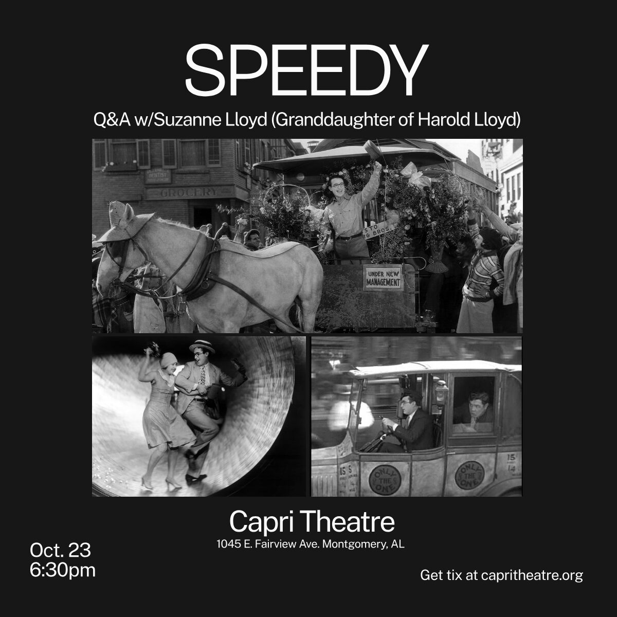 Speedy with a Q&A with Suzanne Lloyd, granddaughter of Harold Lloyd, Capri Theatre, October 23 at 6:30pm