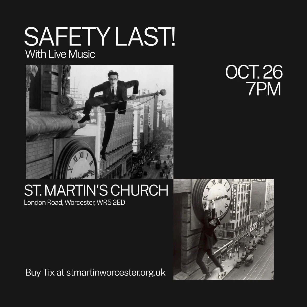 Safety Last! with live music, St. Martin's Church, Worcester, October 26 at 7pm