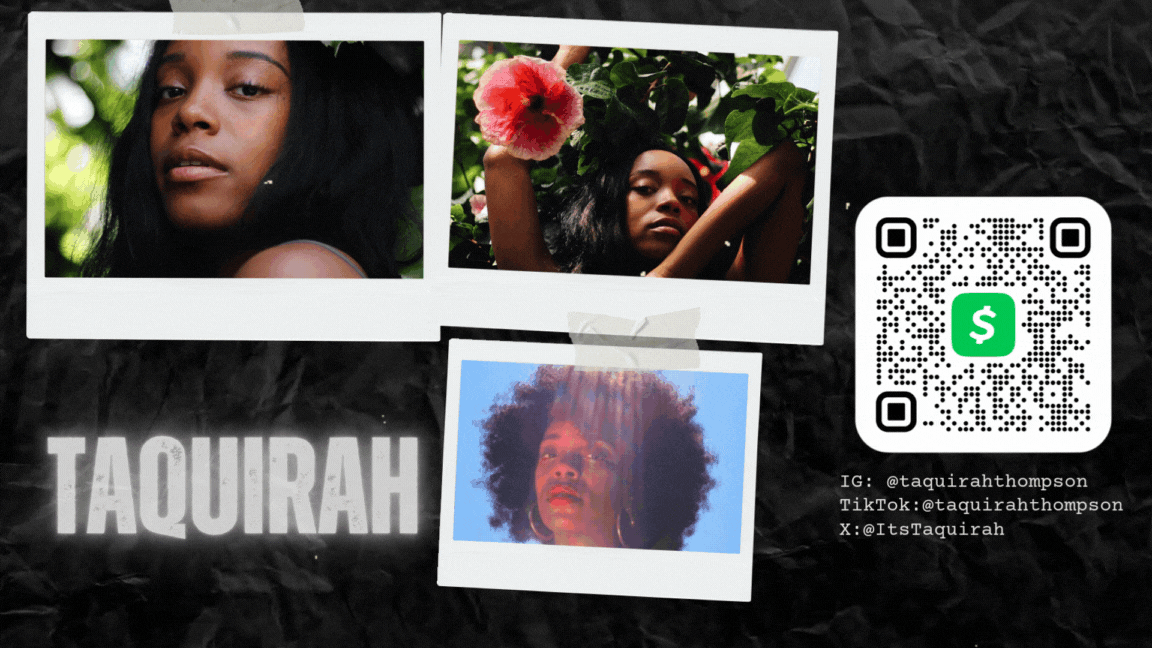 Animated Taquirah artist card with photos and a Cash App QR code