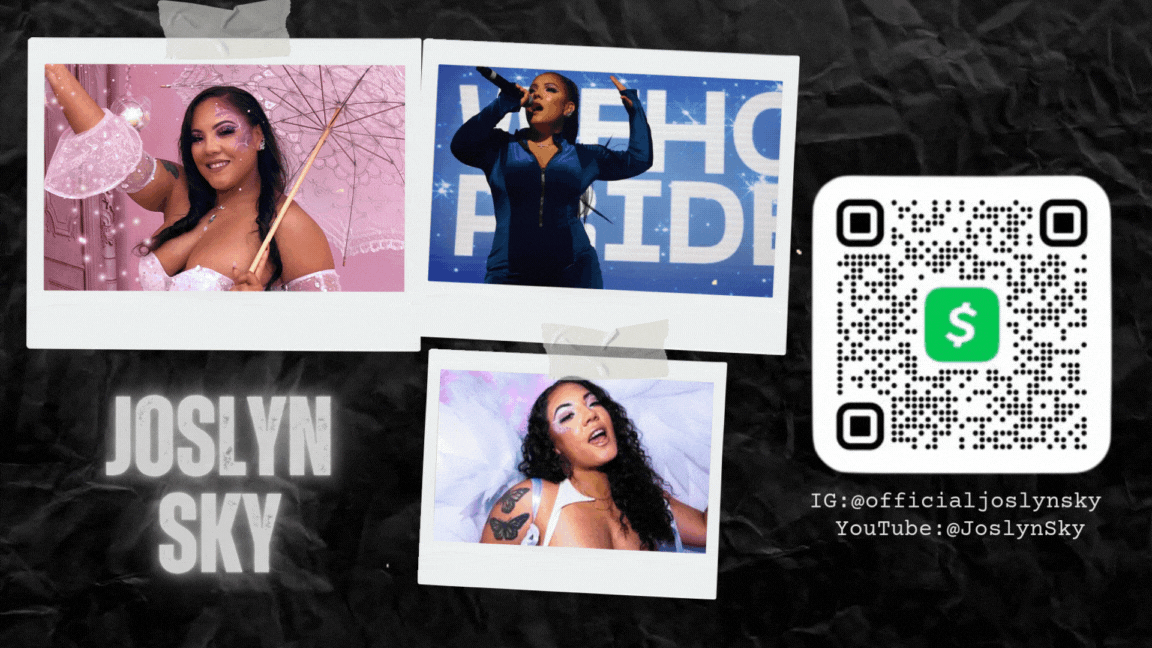 Animated Joslyn Sky artist card with photos and a Cash App QR code