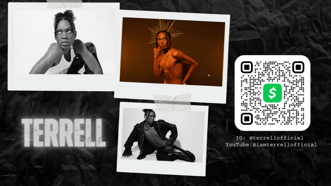 Animated Terrell artist card with photos and a Cash App QR code