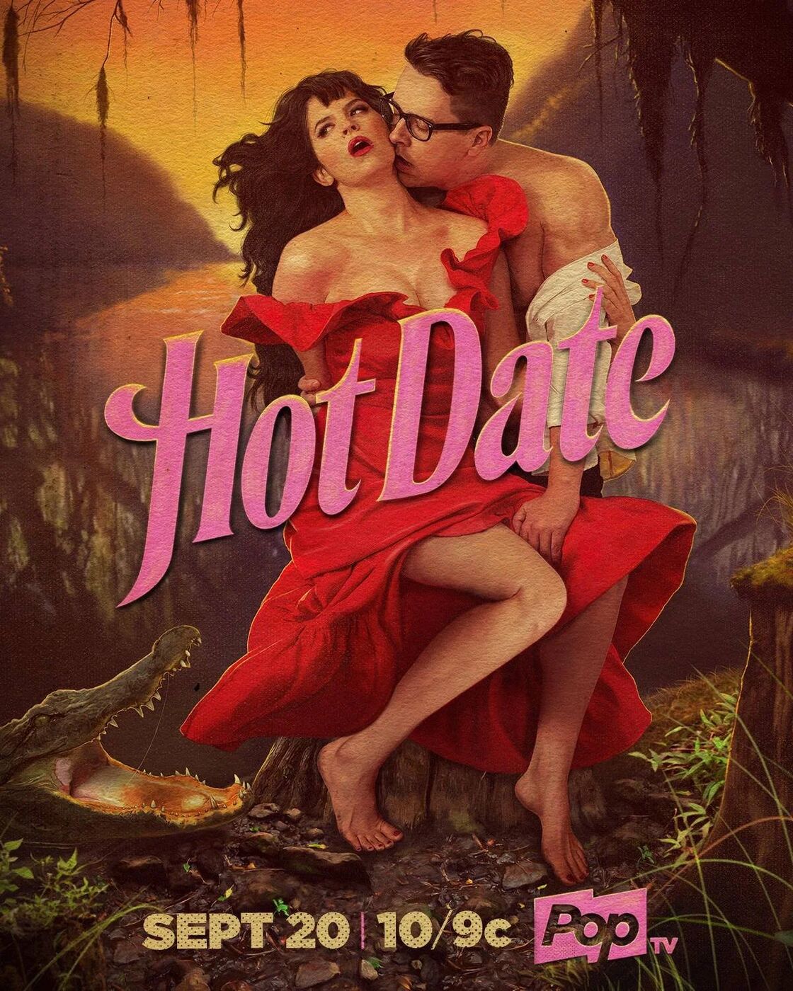 Hot Date romance-novel key art with an alligator, September 20 at 10/9c on Pop TV