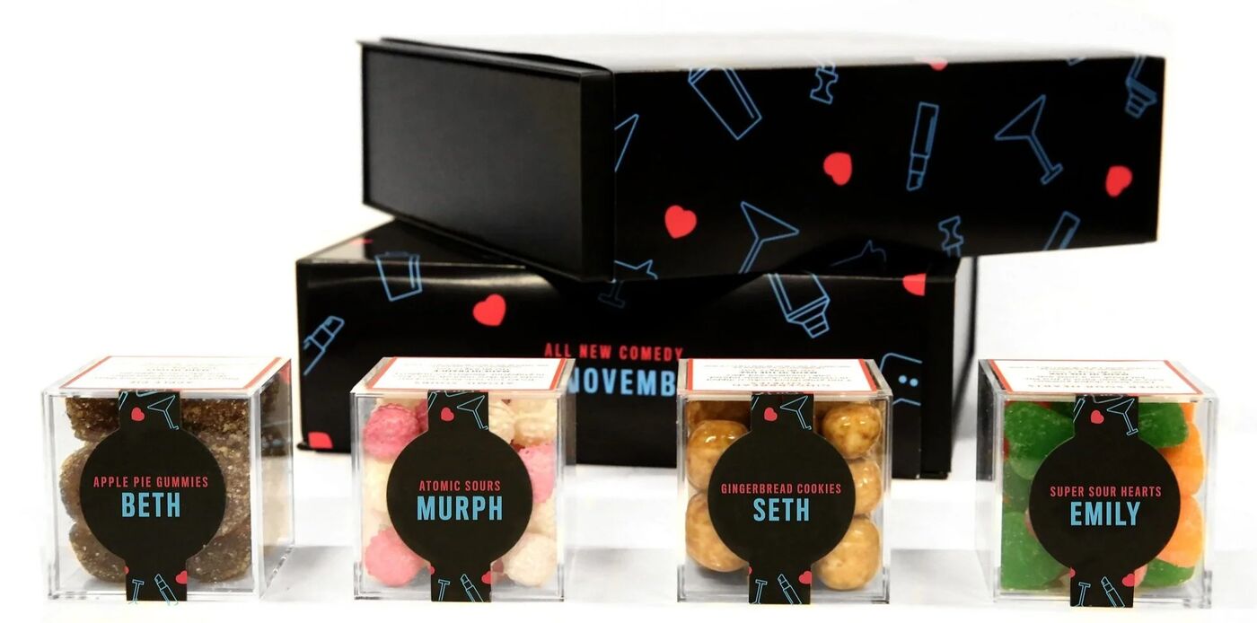 Hot Date press kit candy jars labeled with character names
