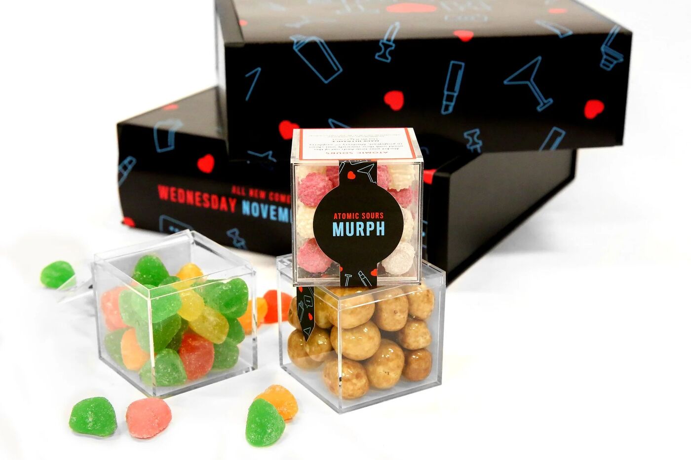 Hot Date press kit with gumdrop-filled candy cubes