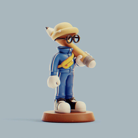 Invisible Friends toy: a figure in a blue tracksuit, glasses and bucket hat holding a pencil