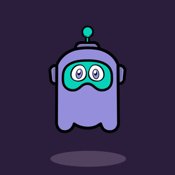Animated beamr mascot: a purple robot with a teal visor floating