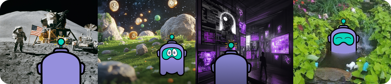 Strip of four beamr robot scenes: on the moon, in a forest, in a club and in nature