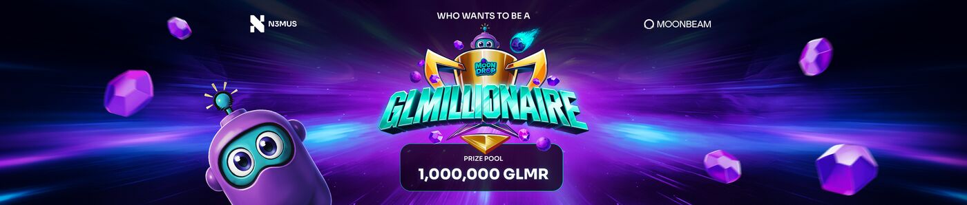 Who Wants to Be a GLMillionaire? Moonbeam campaign banner with the beamr robot and 1,000,000 GLMR prize