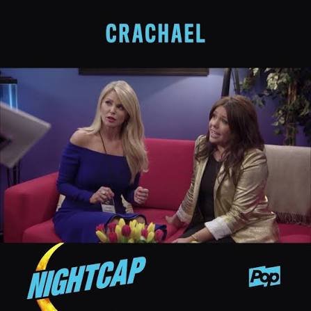 Nightcap social graphic: Crachael, two women seated on a red couch