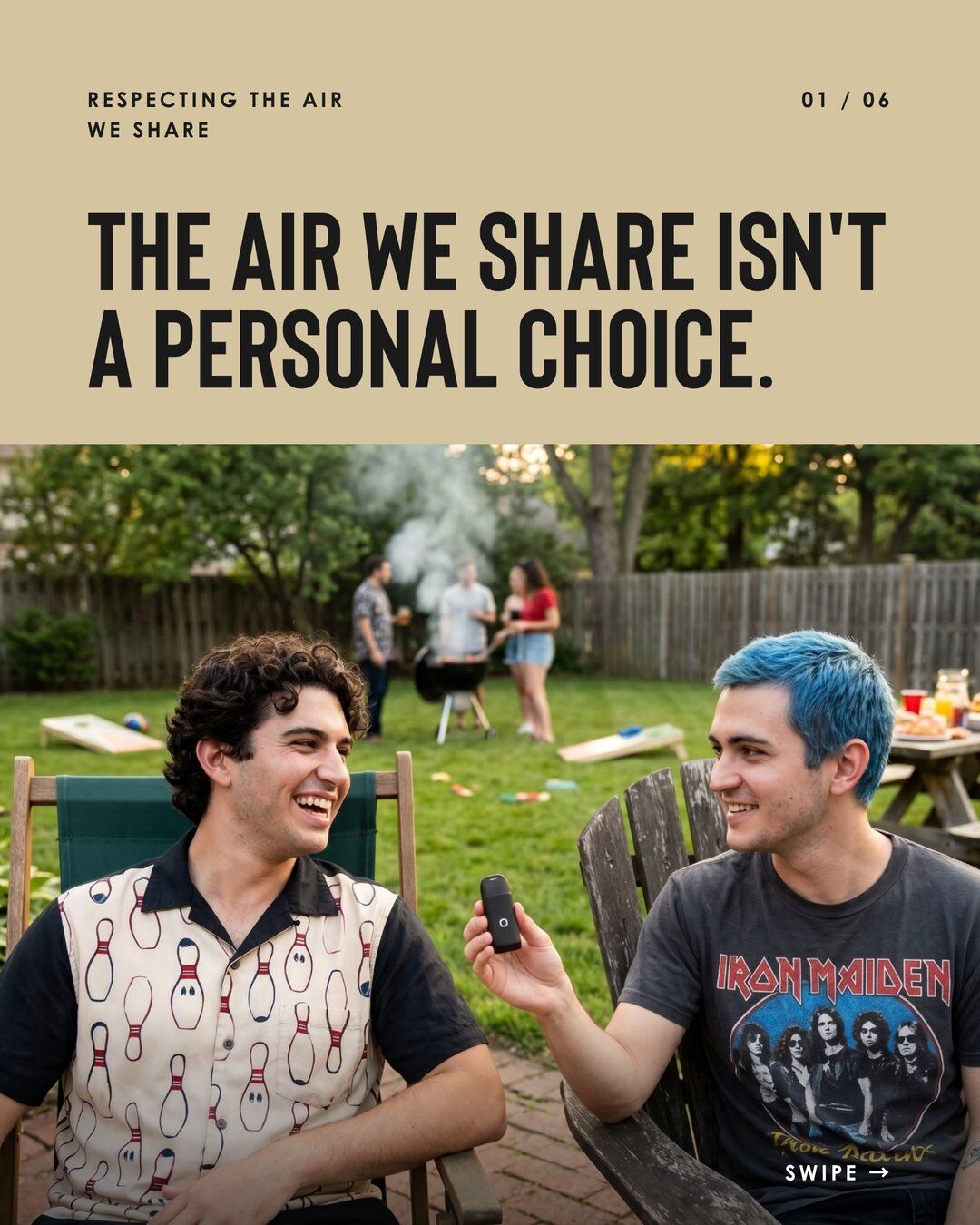 Philter carousel 1 of 6: The air we share isn't a personal choice. Two friends at a backyard barbecue
