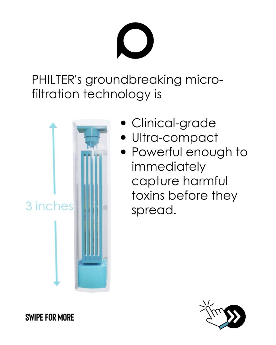 Philter brand story: groundbreaking micro-filtration technology, clinical-grade and ultra-compact, with a diagram of the 3-inch filter