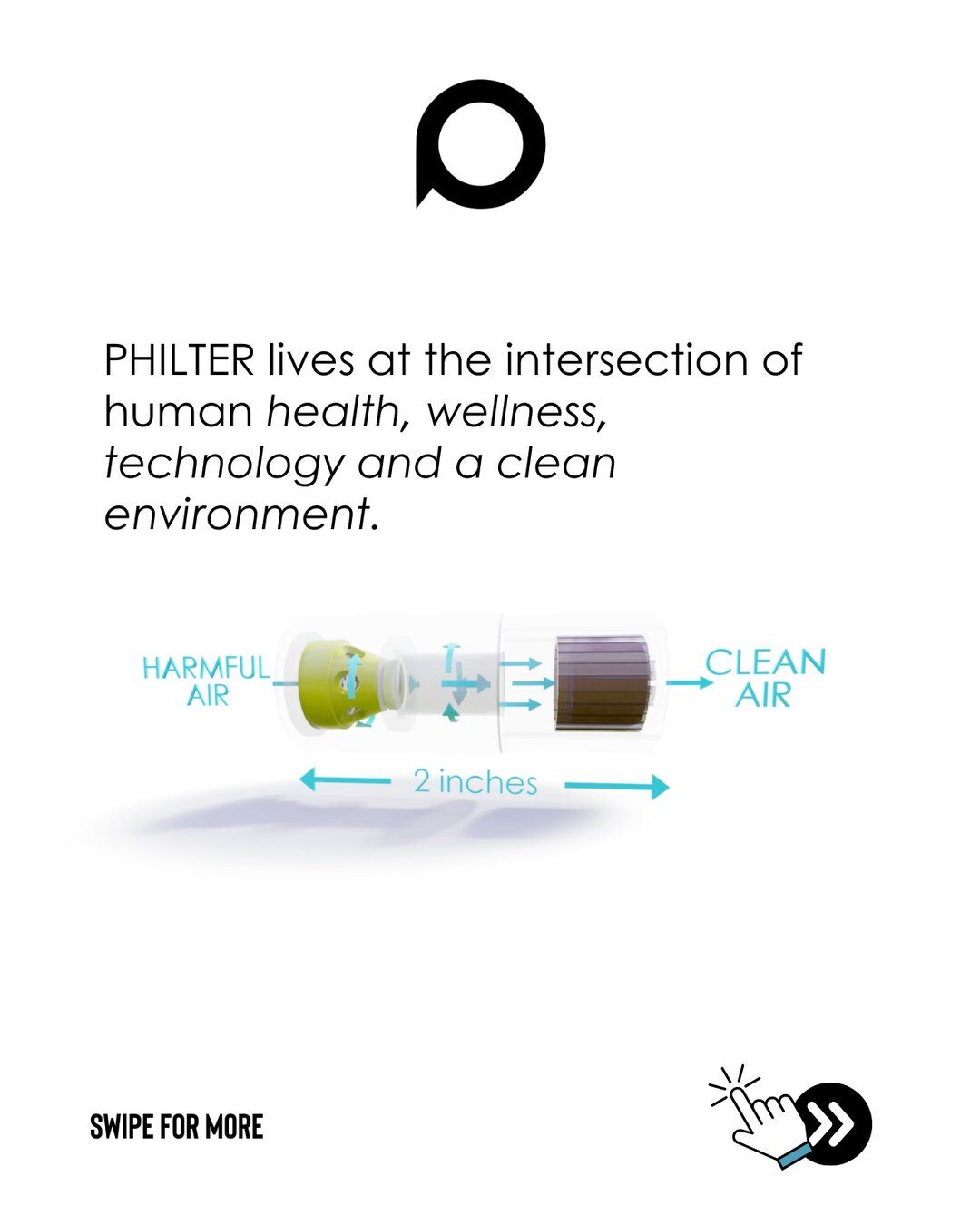 Philter brand story: Philter lives at the intersection of human health, wellness, technology and a clean environment, with a harmful-air to clean-air diagram