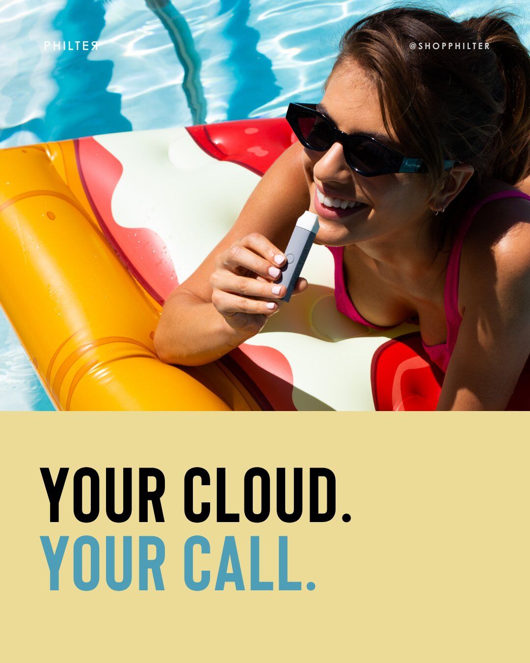 Philter how it works: Your cloud. Your call. Woman using a Philter on a pool float