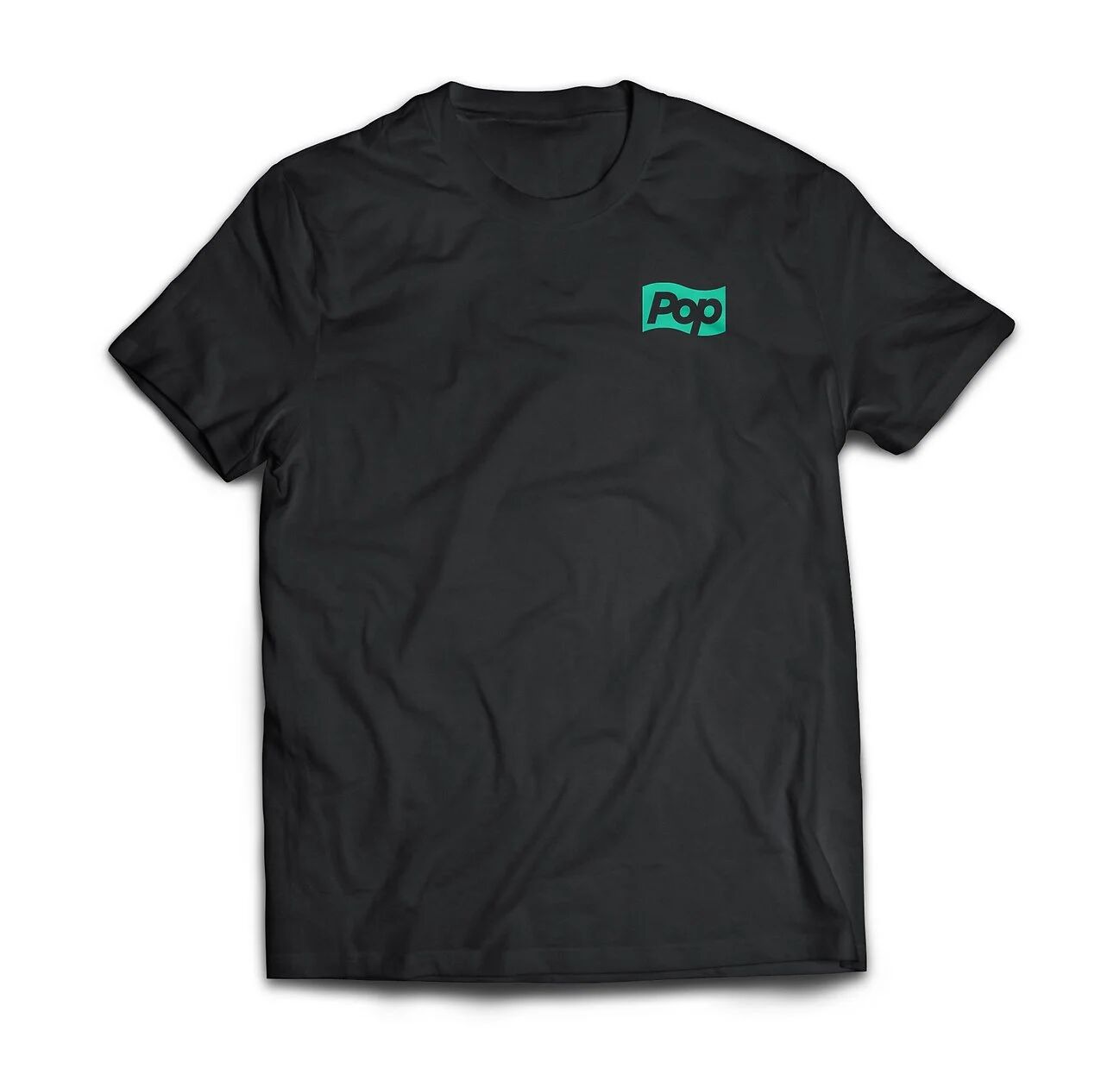 Black Pop TV t-shirt with a small Pop logo on the chest