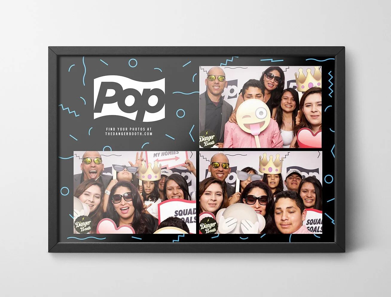 Framed Pop TV photo-booth print strip of party guests