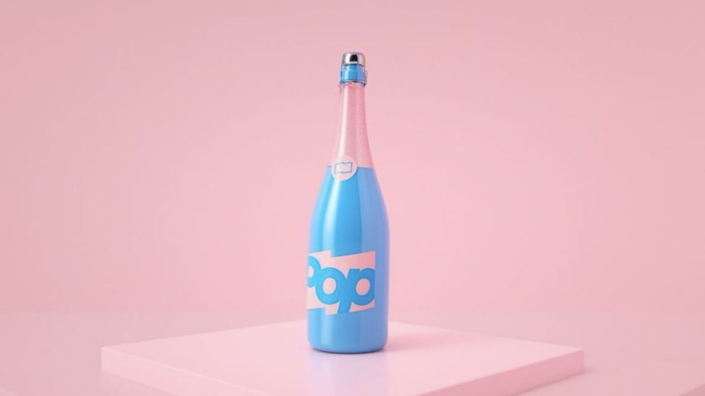 Pop TV branded champagne bottle on a pink set